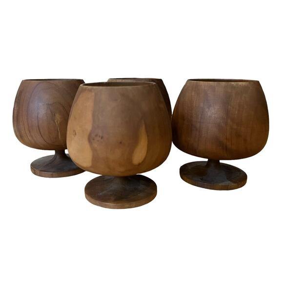 VINTAGE Wood Hand Carved Mini Goblet Chalice Made In Spain X4 MCM Bourbon - Picture 3 of 7